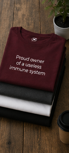 Proud owner of a useless immune system T-Shirt | Funny Sarcastic Text Tee