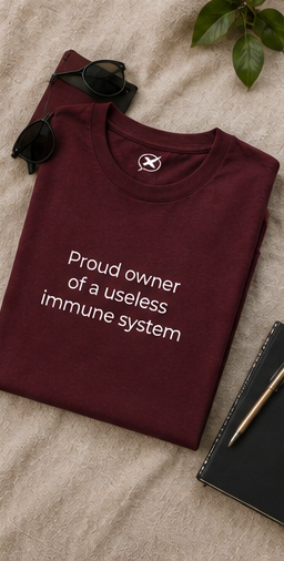Proud owner of a useless immune system T-Shirt | Funny Sarcastic Text Tee