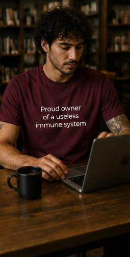 Proud owner of a useless immune system T-Shirt | Funny Sarcastic Text Tee
