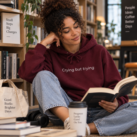 Crying But Trying Hoodie - Minimal White Comfort Sweatshirt