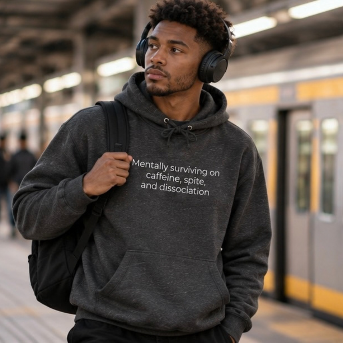 Mentally Surviving on Caffeine, Spite, and Dissociation Hoodie | Minimal Slogan Hoodie