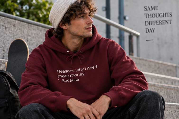 Reasons Why I Need More Money: Because Hoodie | Minimal Slogan Hoodie