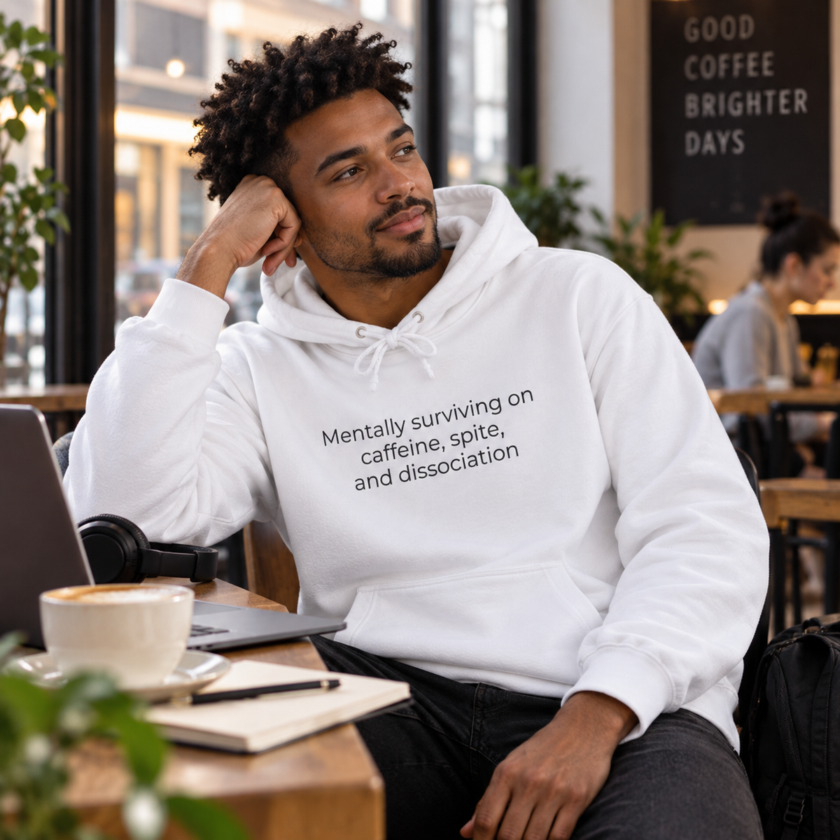 Mentally Surviving on Caffeine, Spite, and Dissociation Hoodie | Minimal Slogan Hoodie